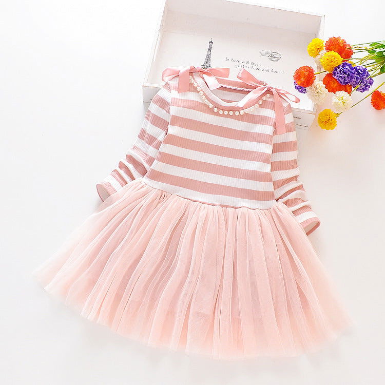 Striped Long-sleeved Stitching Mesh Dress - CHRISTDEST GLOBAL SERVICE