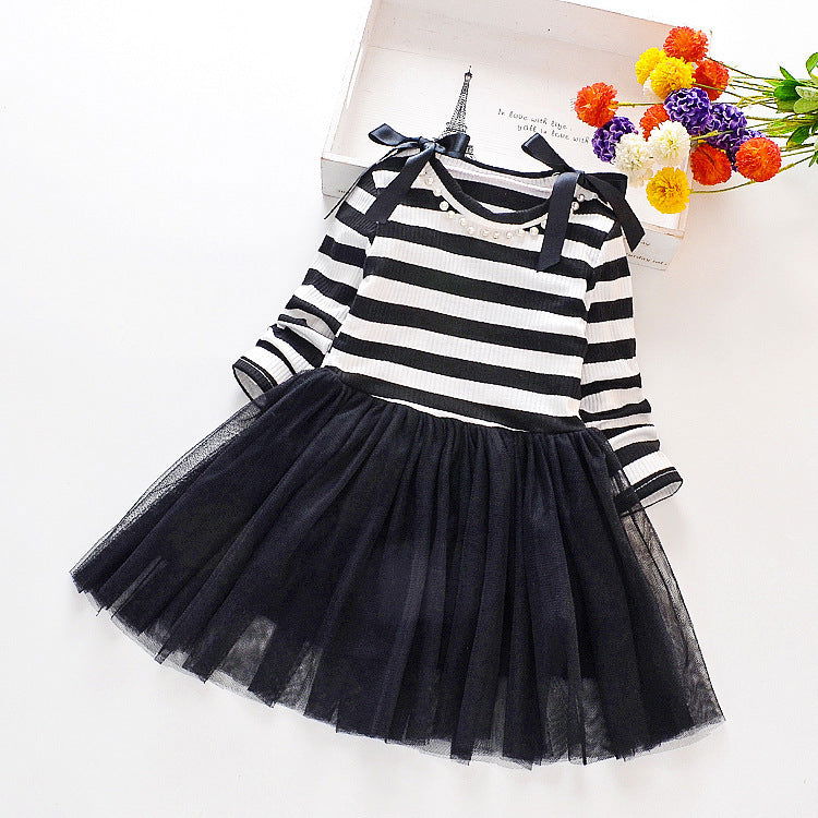 Striped Long-sleeved Stitching Mesh Dress - CHRISTDEST GLOBAL SERVICE