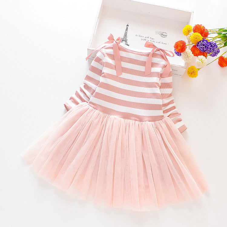 Striped Long-sleeved Stitching Mesh Dress - CHRISTDEST GLOBAL SERVICE