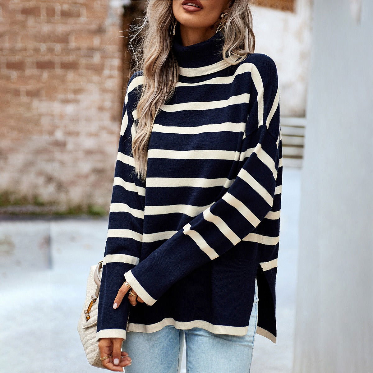 Striped high neck sweater women's autumn and winter knitted top - CHRISTDEST GLOBAL SERVICE