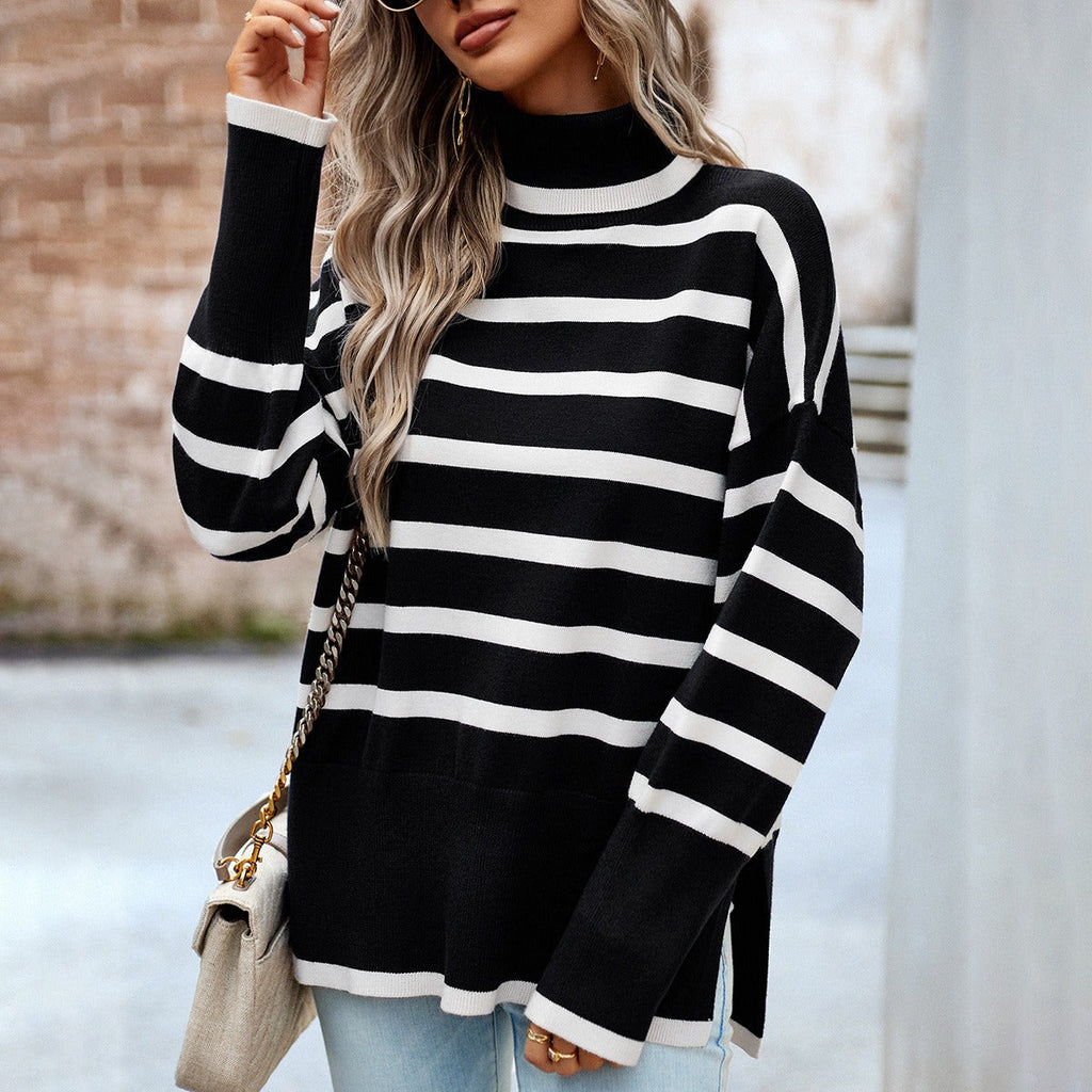 Striped high neck sweater women's autumn and winter knitted top - CHRISTDEST GLOBAL SERVICE
