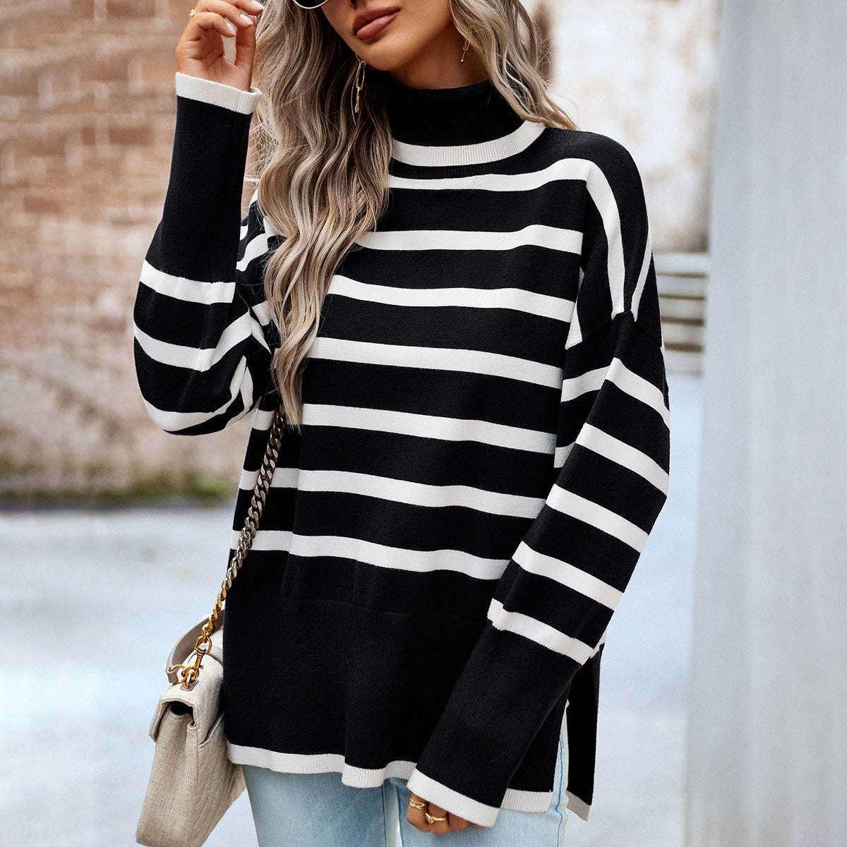Striped high neck sweater women's autumn and winter knitted top - CHRISTDEST GLOBAL SERVICE