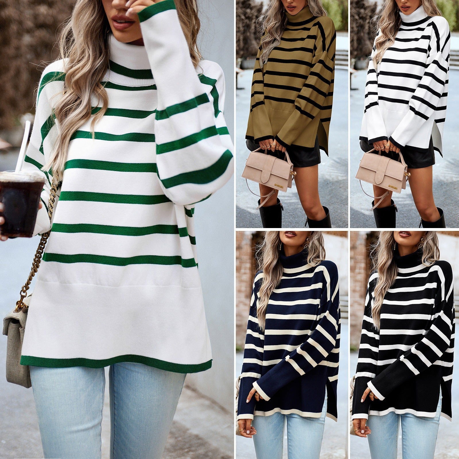 Striped high neck sweater women's autumn and winter knitted top - CHRISTDEST GLOBAL SERVICE