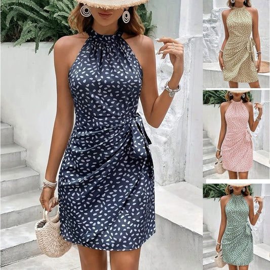 Summer Halterneck Printed Dress With Tied-waist Design Women's Shivering Dots Temperament Dress - CHRISTDEST GLOBAL SERVICE