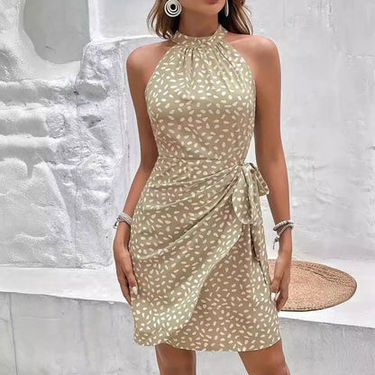 Summer Halterneck Printed Dress With Tied-waist Design Women's Shivering Dots Temperament Dress - CHRISTDEST GLOBAL SERVICE