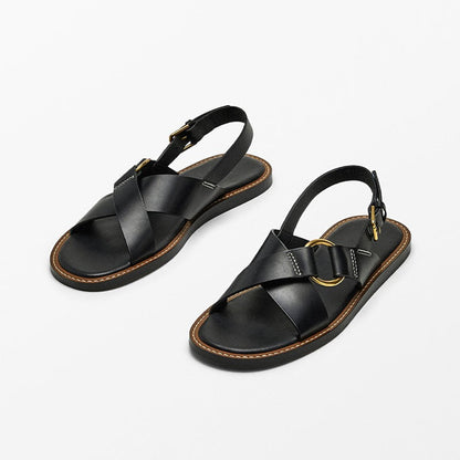 Summer new leather cross strap flat slippers black Roman sandals for women - CHRISTDEST GLOBAL SERVICE