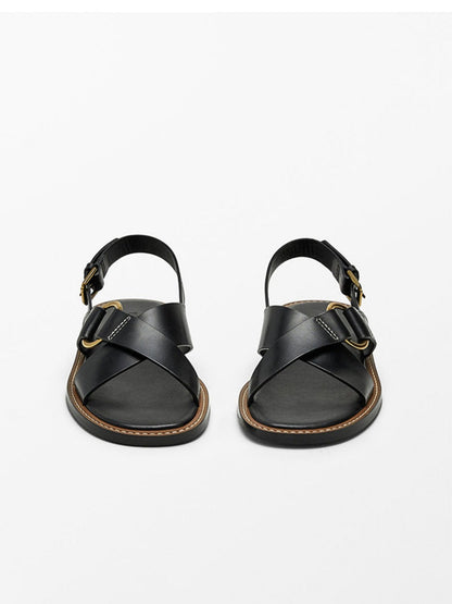 Summer new leather cross strap flat slippers black Roman sandals for women - CHRISTDEST GLOBAL SERVICE
