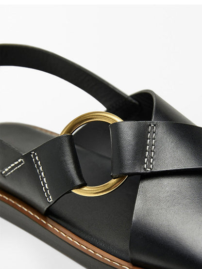 Summer new leather cross strap flat slippers black Roman sandals for women - CHRISTDEST GLOBAL SERVICE
