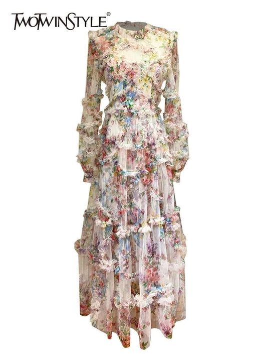 TWOTWINSTYLE Hit Color Print Dresses For Women Round Neck Lantern Sleeve High Waist Folds Elegant Dress Female Fashion Clothing - CHRISTDEST GLOBAL SERVICE
