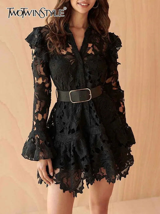 TWOTWINSTYLE Hollow Out Dresses For Women V Neck Flare Sleeve High Waist Patchwork Belt Mini Lace Dress Female Fashion Clothing - CHRISTDEST GLOBAL SERVICE