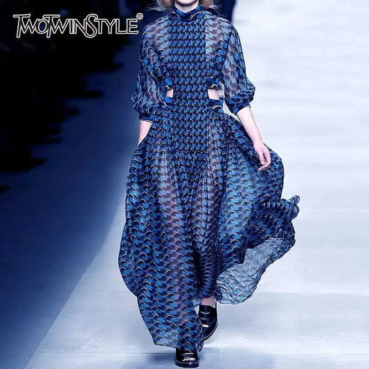 TWOTWINSTYLE Summer Print Dress For Women Stand Collar Long Sleeve High Waist Hollow Out Midi Dresses Female Fashion 2022 New - CHRISTDEST GLOBAL SERVICE