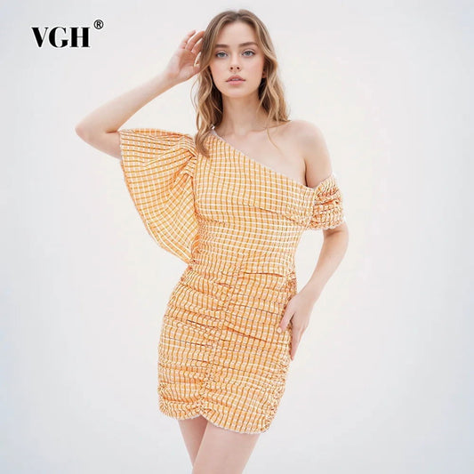 VGH Hit Color Pliad Printing Backless Dresses For Women Off One Shoulder Butterfly Sleeve High Waist Mini Dress Female Fashion - CHRISTDEST GLOBAL SERVICE