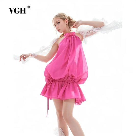 VGH Solid Patchwork Appliques Mini Dress For Women Stand Collar Sleeveless High Waist Spliced Lace Up Casual Dresses Female New - CHRISTDEST GLOBAL SERVICE