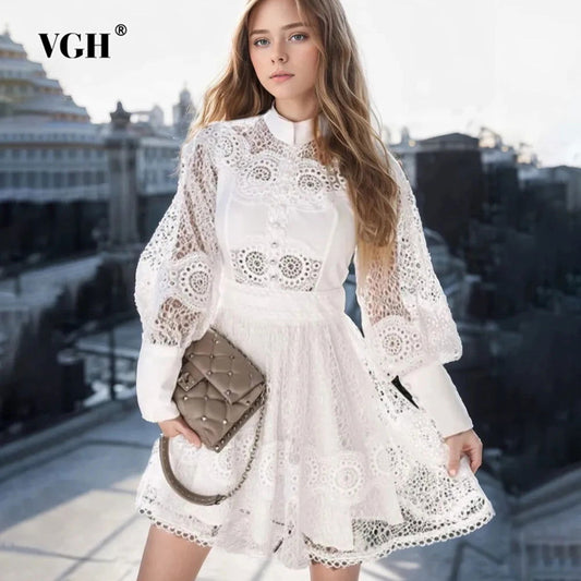 VGH Solid Patchwork Embroidery Dresses For Women Stand Collar Lantern Sleeve High Waist Spliced Lace Mini Dress Female Fashion - CHRISTDEST GLOBAL SERVICE
