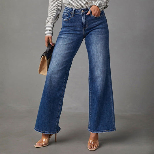 Washed Dark Blue Straight High Elastic Women's Denim Pants - CHRISTDEST GLOBAL SERVICE