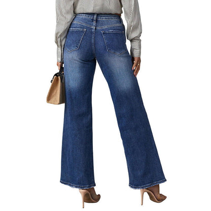 Washed Dark Blue Straight High Elastic Women's Denim Pants - CHRISTDEST GLOBAL SERVICE