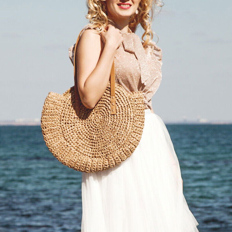 Women Boho Woven Handbag Summer Beach Tote Straw Bag Round Rattan Shoulder - CHRISTDEST GLOBAL SERVICE