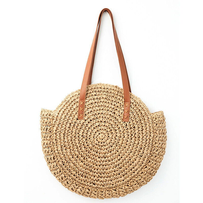 Women Boho Woven Handbag Summer Beach Tote Straw Bag Round Rattan Shoulder - CHRISTDEST GLOBAL SERVICE