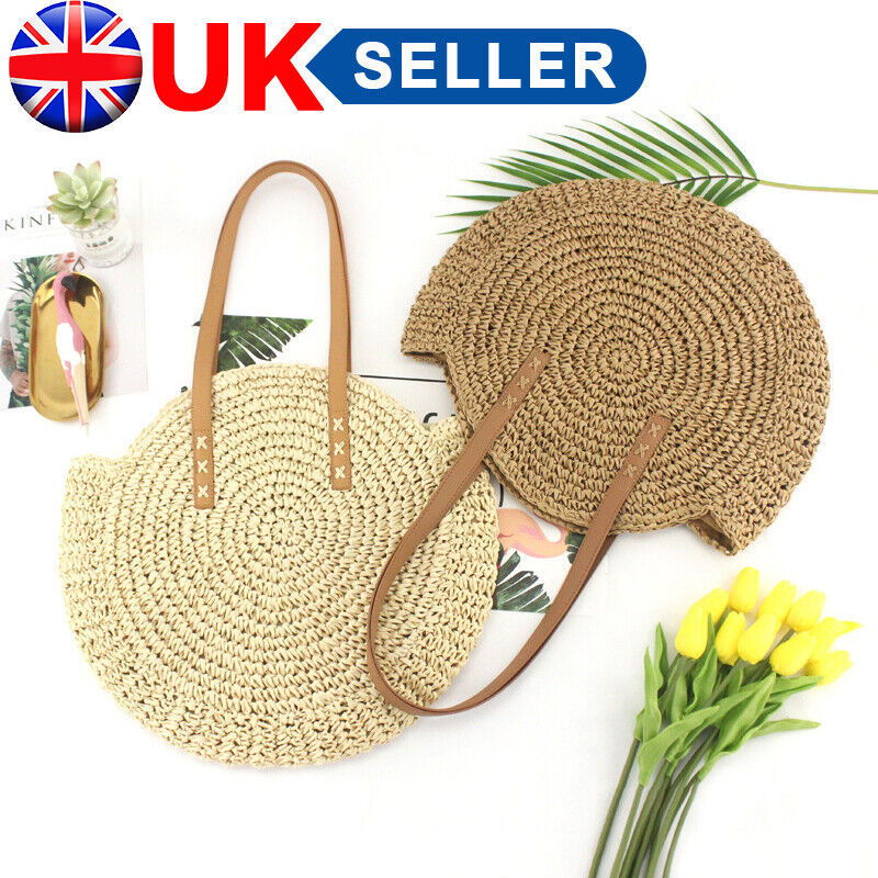 Women Boho Woven Handbag Summer Beach Tote Straw Bag Round Rattan Shoulder - CHRISTDEST GLOBAL SERVICE