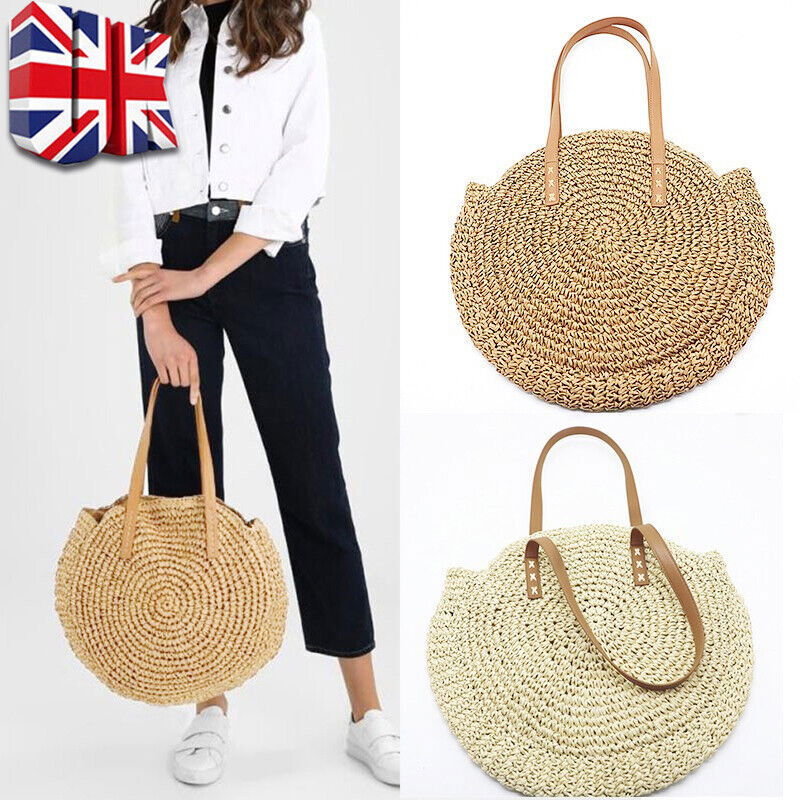 Women Boho Woven Handbag Summer Beach Tote Straw Bag Round Rattan Shoulder - CHRISTDEST GLOBAL SERVICE