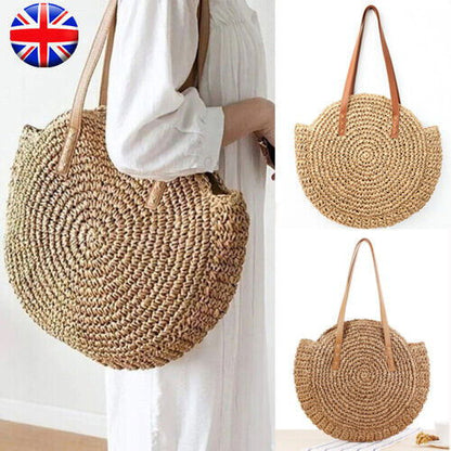 Women Boho Woven Handbag Summer Beach Tote Straw Bag Round Rattan Shoulder - CHRISTDEST GLOBAL SERVICE