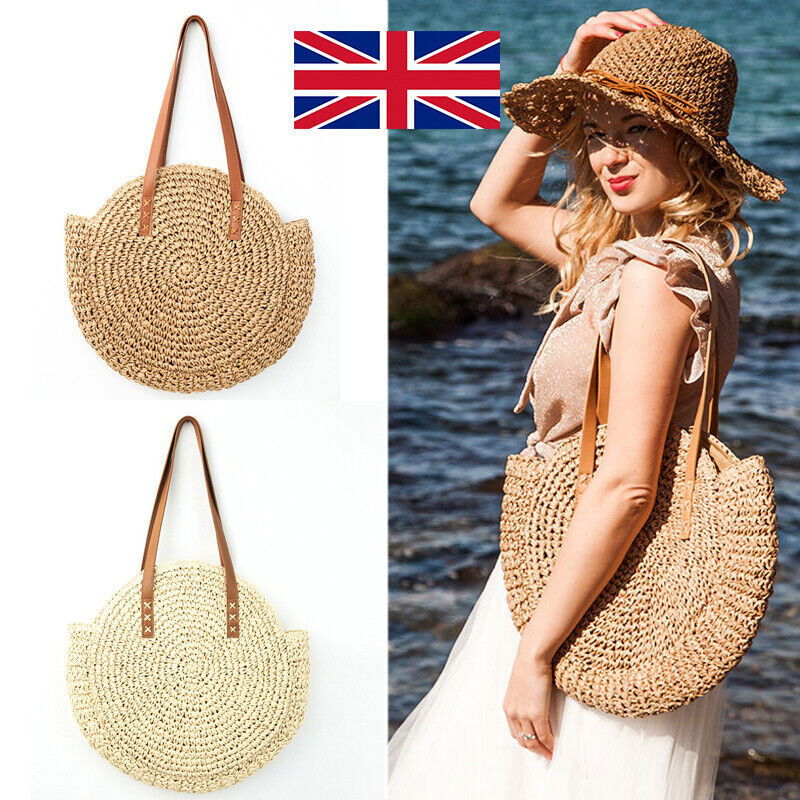 Women Boho Woven Handbag Summer Beach Tote Straw Bag Round Rattan Shoulder - CHRISTDEST GLOBAL SERVICE