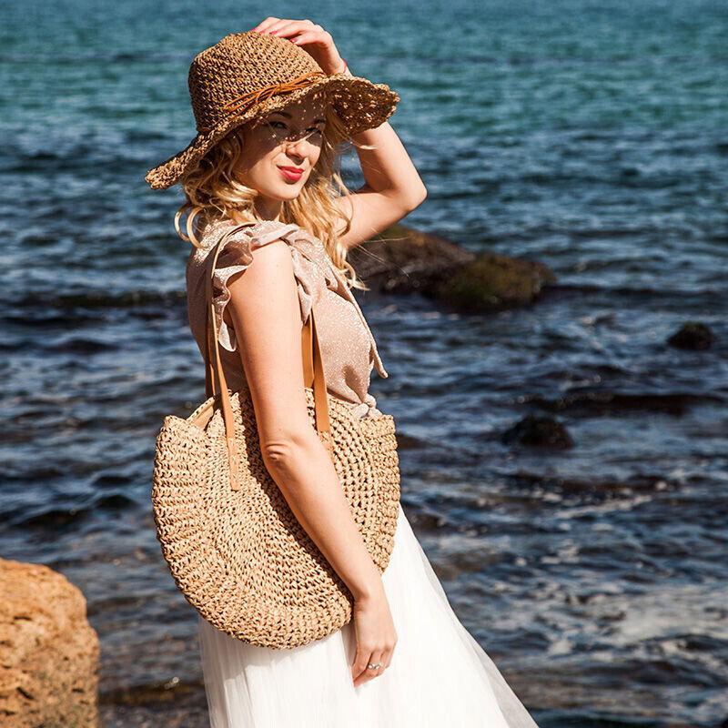 Women Boho Woven Handbag Summer Beach Tote Straw Bag Round Rattan Shoulder - CHRISTDEST GLOBAL SERVICE