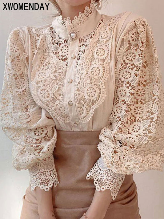 Women Chiffon Button Turtleneck Shirt Chic Elegant Floral Lace Fluffy Long Sleeve Top Fashion Hollow Oversize White Blouse 2024 - CHRISTDEST GLOBAL SERVICE
