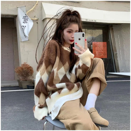 Women Khaki Clothing Vintage Knitting Sweater Chic Contrasting Colors Long Sleeve Korean Fashion Baggy Female Winter Short Tops - CHRISTDEST GLOBAL SERVICE