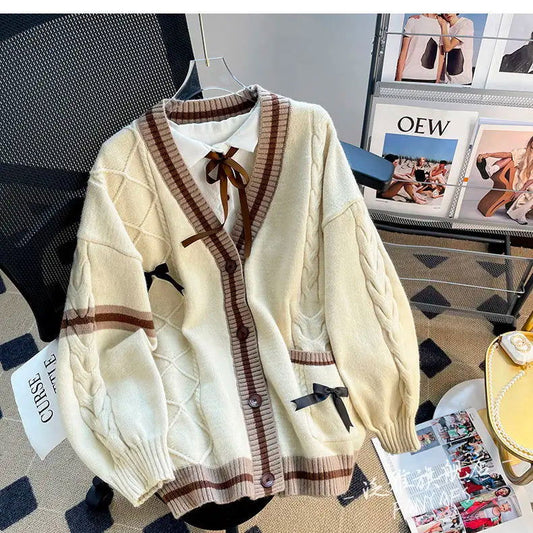 Women's Autumn and Winter New Loose Bow Lazy Style Reduced Age Knitted Sweater Cardigan Jacket - CHRISTDEST GLOBAL SERVICE
