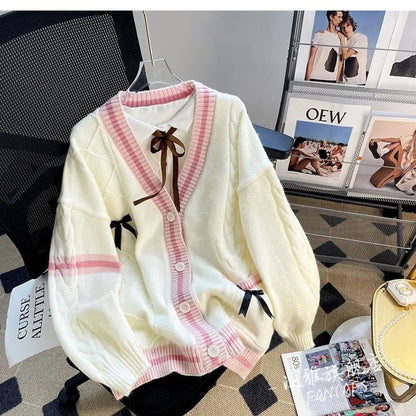 Women's Autumn and Winter New Loose Bow Lazy Style Reduced Age Knitted Sweater Cardigan Jacket - CHRISTDEST GLOBAL SERVICE