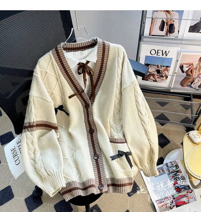 Women's Autumn and Winter New Loose Bow Lazy Style Reduced Age Knitted Sweater Cardigan Jacket - CHRISTDEST GLOBAL SERVICE