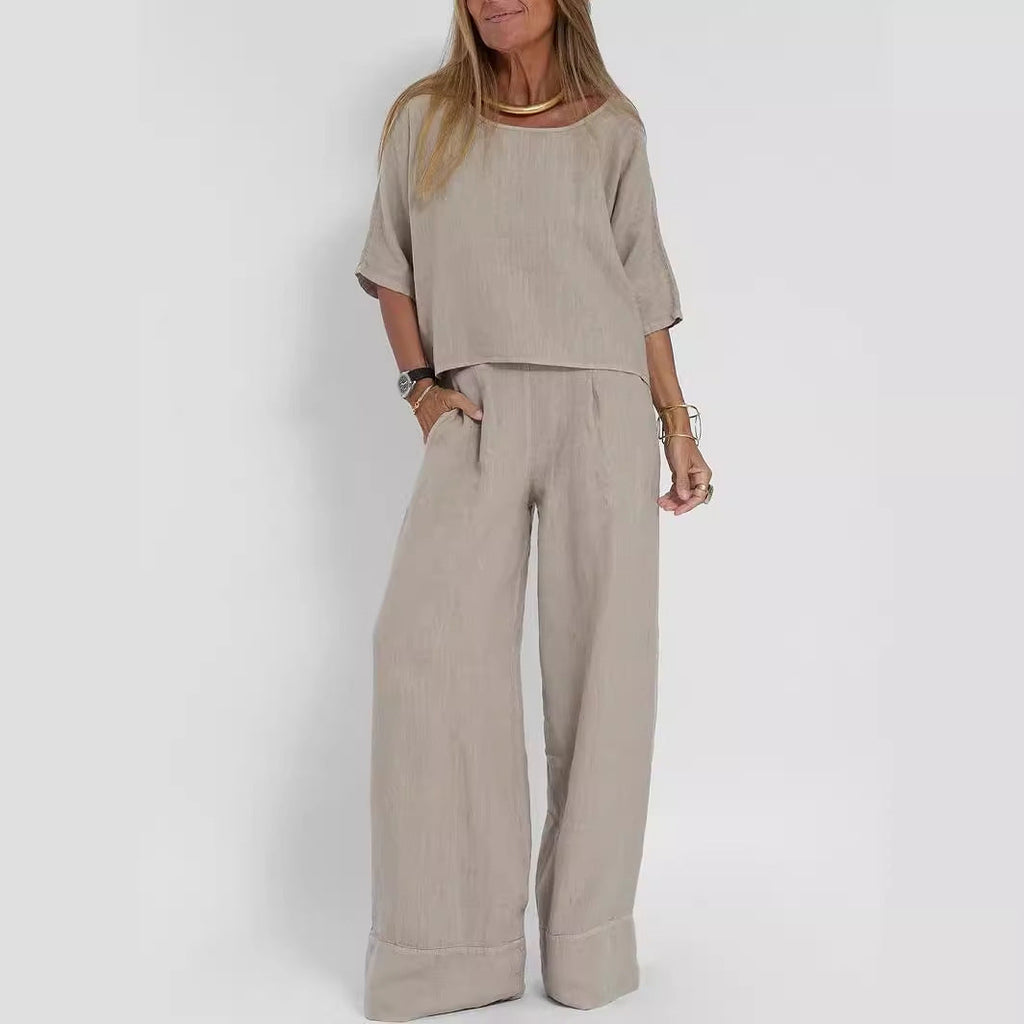 Women's Cotton And Linen Casual Cropped Sleeves Wide-leg Pants Suit - CHRISTDEST GLOBAL SERVICE