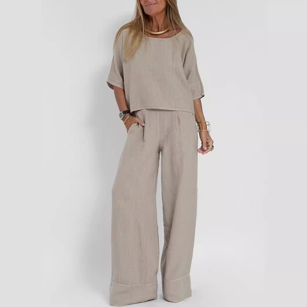 Women's Cotton And Linen Casual Cropped Sleeves Wide-leg Pants Suit - CHRISTDEST GLOBAL SERVICE