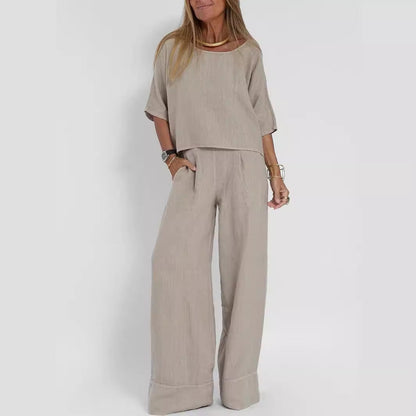 Women's Cotton And Linen Casual Cropped Sleeves Wide-leg Pants Suit - CHRISTDEST GLOBAL SERVICE