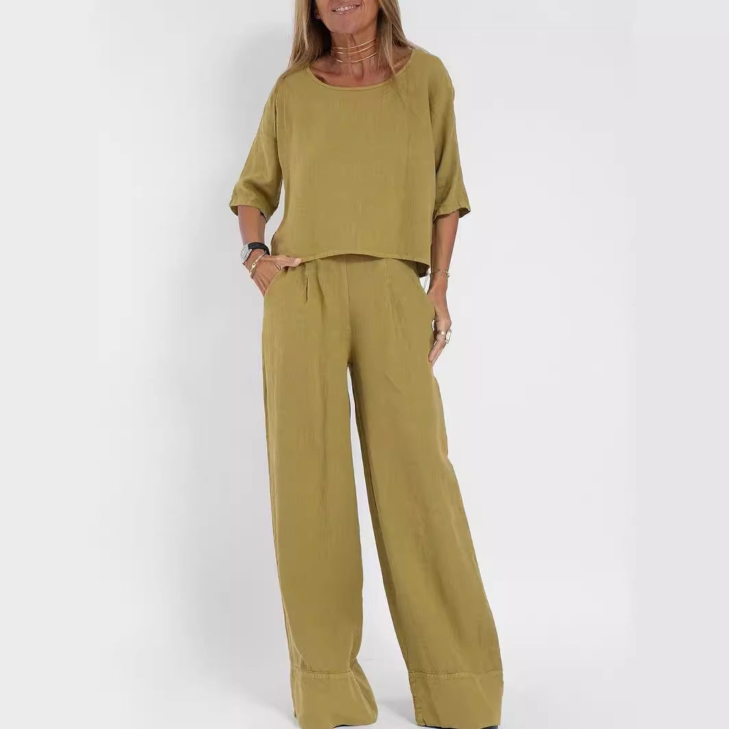 Women's Cotton And Linen Casual Cropped Sleeves Wide-leg Pants Suit - CHRISTDEST GLOBAL SERVICE