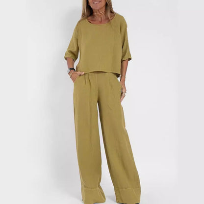Women's Cotton And Linen Casual Cropped Sleeves Wide-leg Pants Suit - CHRISTDEST GLOBAL SERVICE