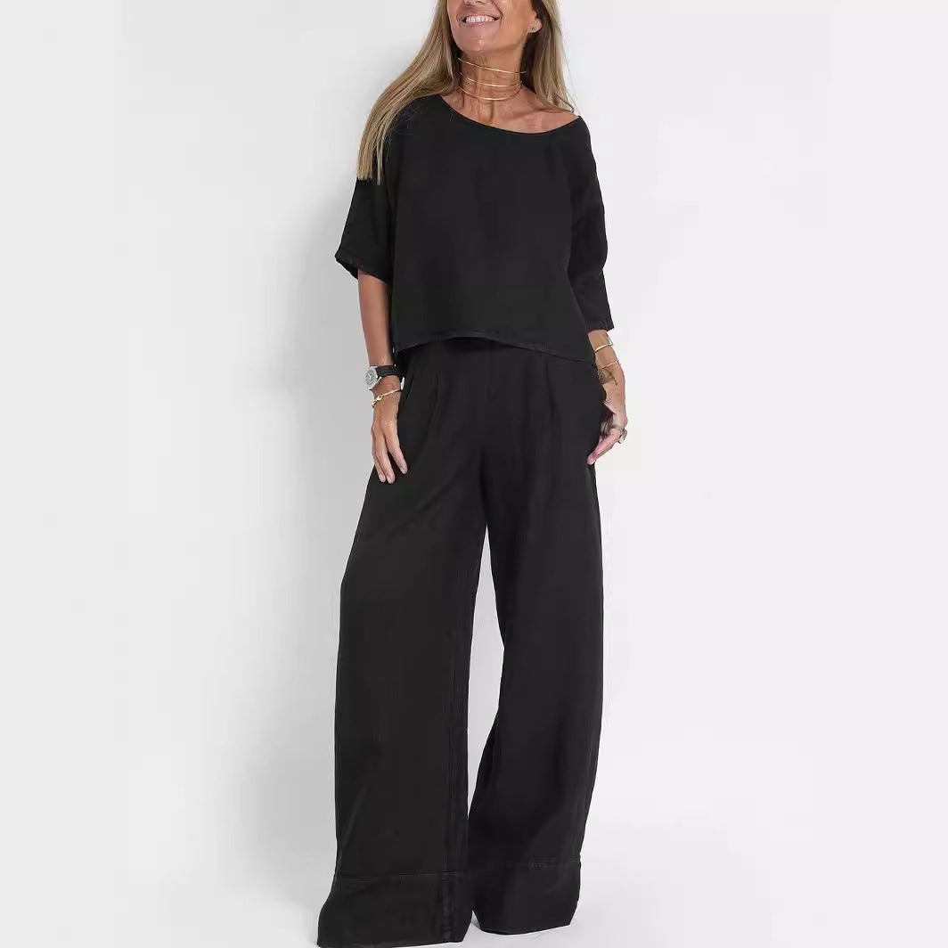 Women's Cotton And Linen Casual Cropped Sleeves Wide-leg Pants Suit - CHRISTDEST GLOBAL SERVICE