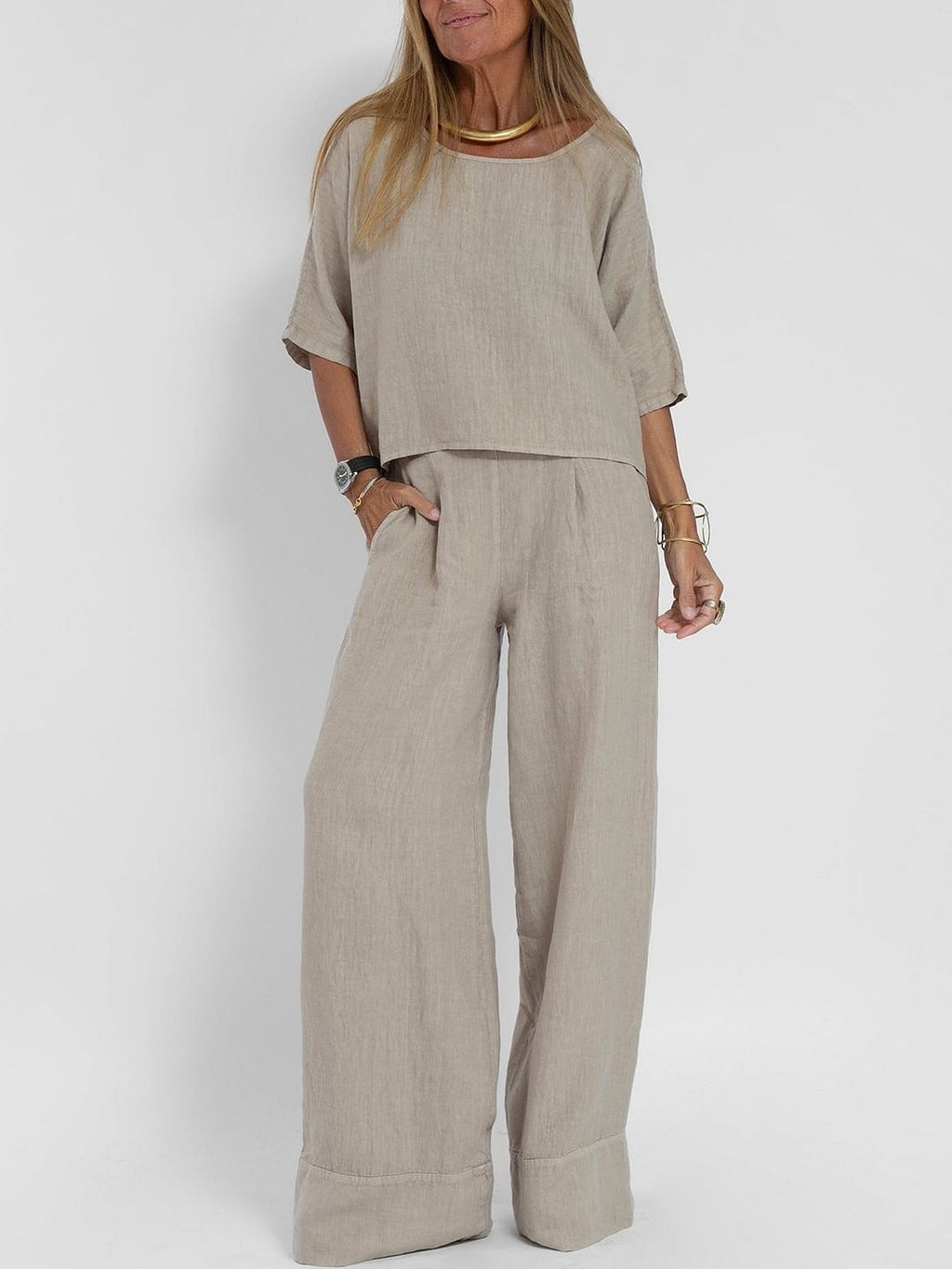 Women's Cotton And Linen Casual Cropped Sleeves Wide-leg Pants Suit - CHRISTDEST GLOBAL SERVICE