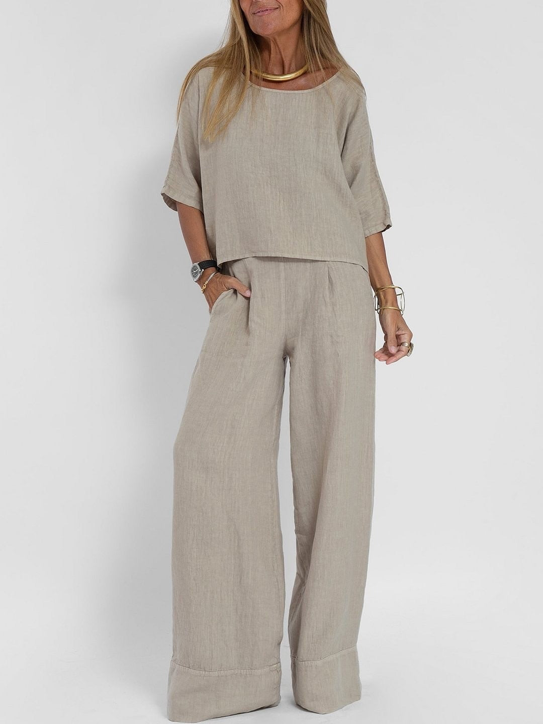 Women's Cotton And Linen Casual Cropped Sleeves Wide-leg Pants Suit - CHRISTDEST GLOBAL SERVICE