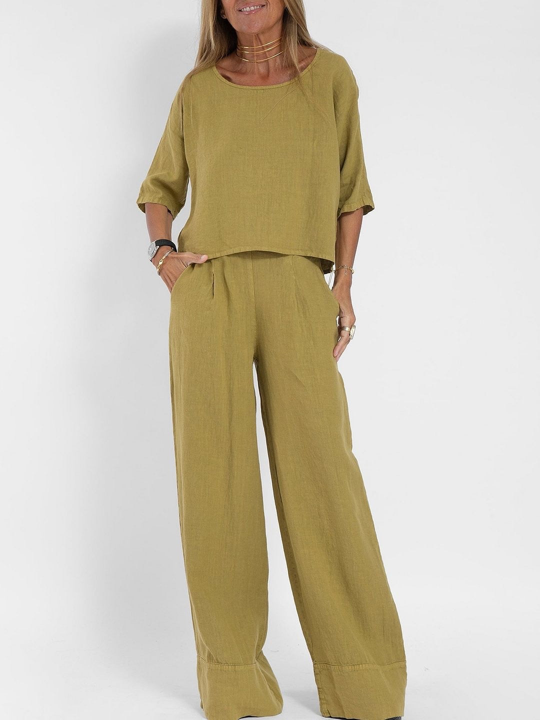 Women's Cotton And Linen Casual Cropped Sleeves Wide-leg Pants Suit - CHRISTDEST GLOBAL SERVICE
