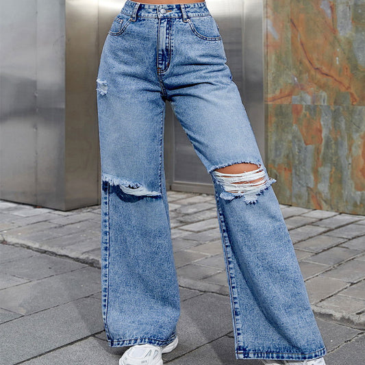 Women's Fashion Holes High Waist Casual Denim Trousers - CHRISTDEST GLOBAL SERVICE