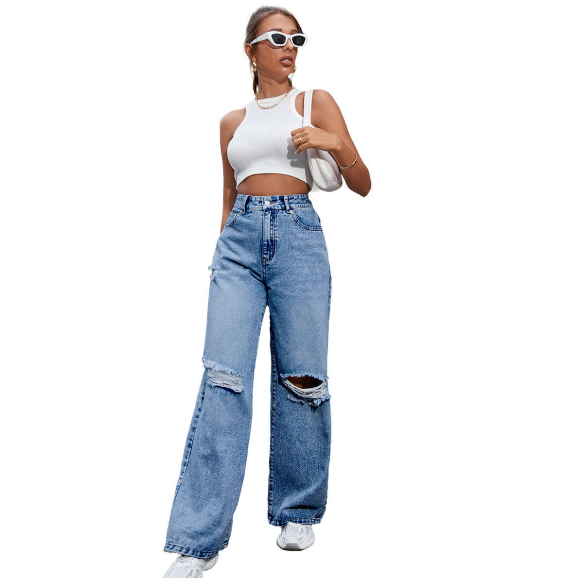 Women's Fashion Holes High Waist Casual Denim Trousers - CHRISTDEST GLOBAL SERVICE