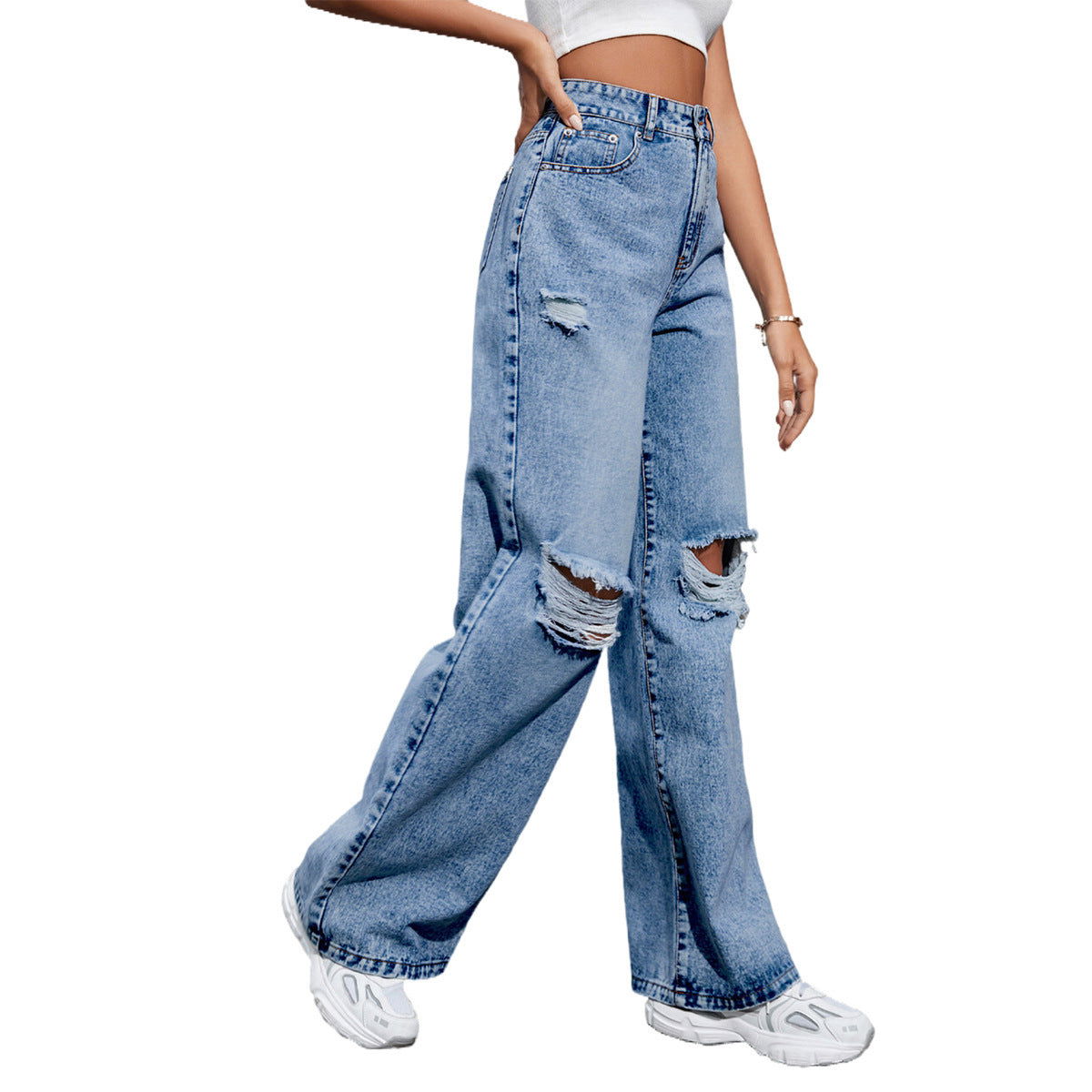 Women's Fashion Holes High Waist Casual Denim Trousers - CHRISTDEST GLOBAL SERVICE