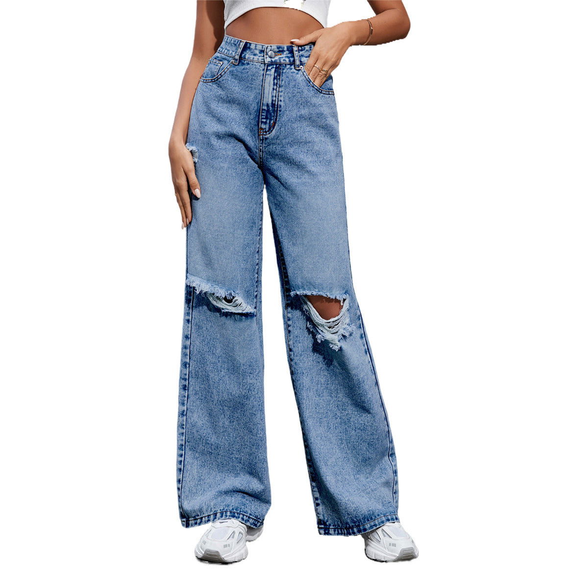 Women's Fashion Holes High Waist Casual Denim Trousers - CHRISTDEST GLOBAL SERVICE