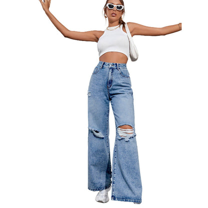 Women's Fashion Holes High Waist Casual Denim Trousers - CHRISTDEST GLOBAL SERVICE