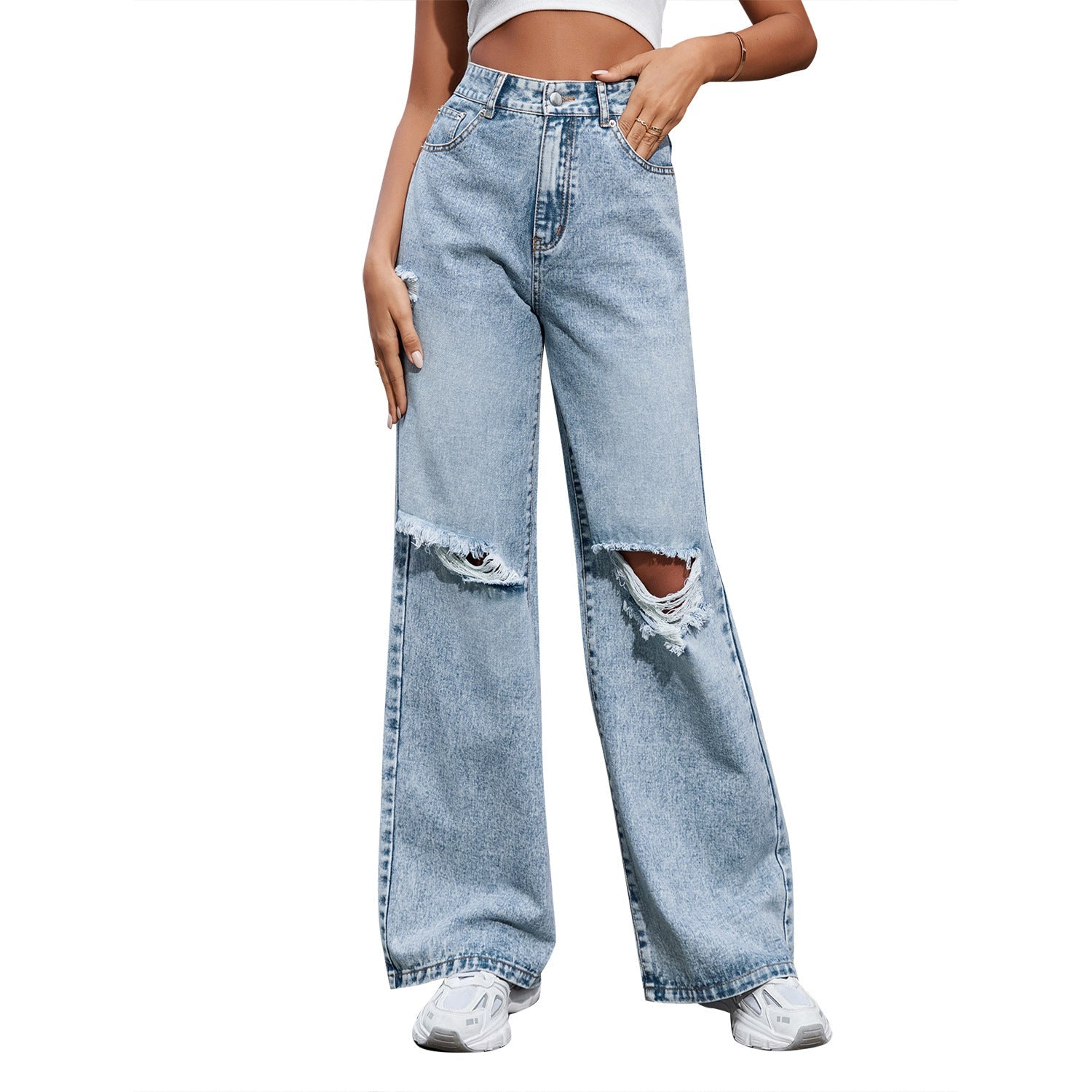 Women's Fashion Holes High Waist Casual Denim Trousers - CHRISTDEST GLOBAL SERVICE