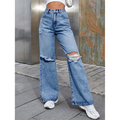 Women's Fashion Holes High Waist Casual Denim Trousers - CHRISTDEST GLOBAL SERVICE