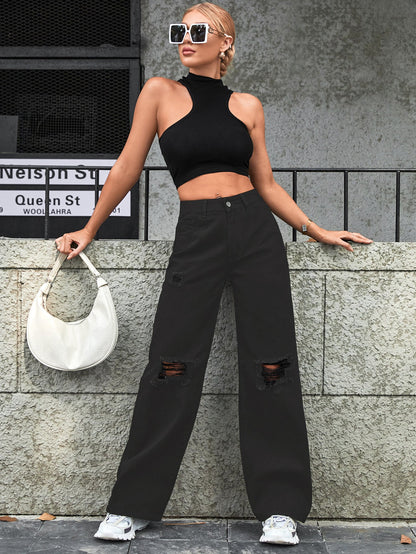 Women's Fashion Holes High Waist Casual Denim Trousers - CHRISTDEST GLOBAL SERVICE