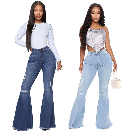Women's Knee Hole Denim Flared Pants - CHRISTDEST GLOBAL SERVICE